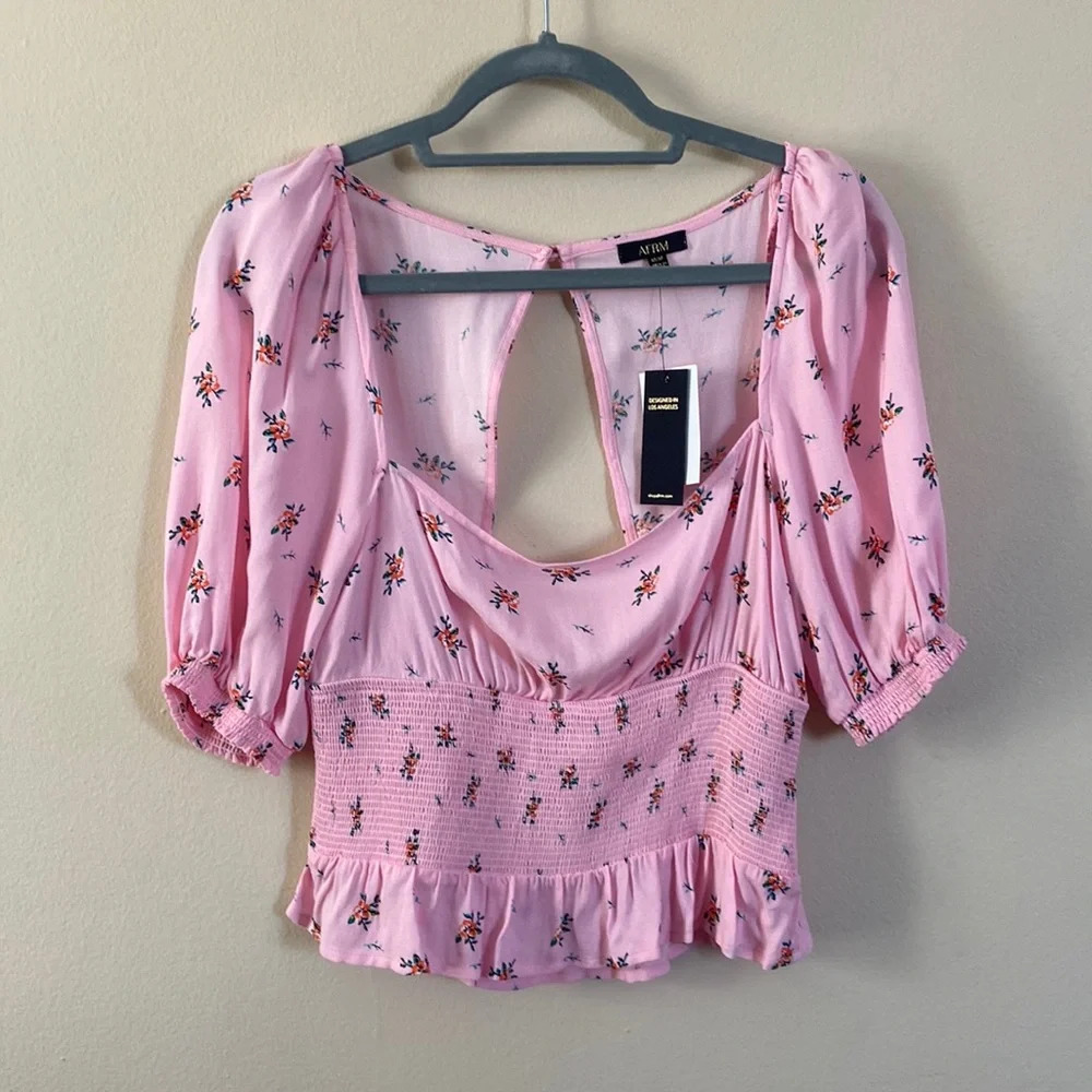 AFRM Haley Pink Floral Smocked Crop Top Open Back Puff Sleeve NWT Medium Summer